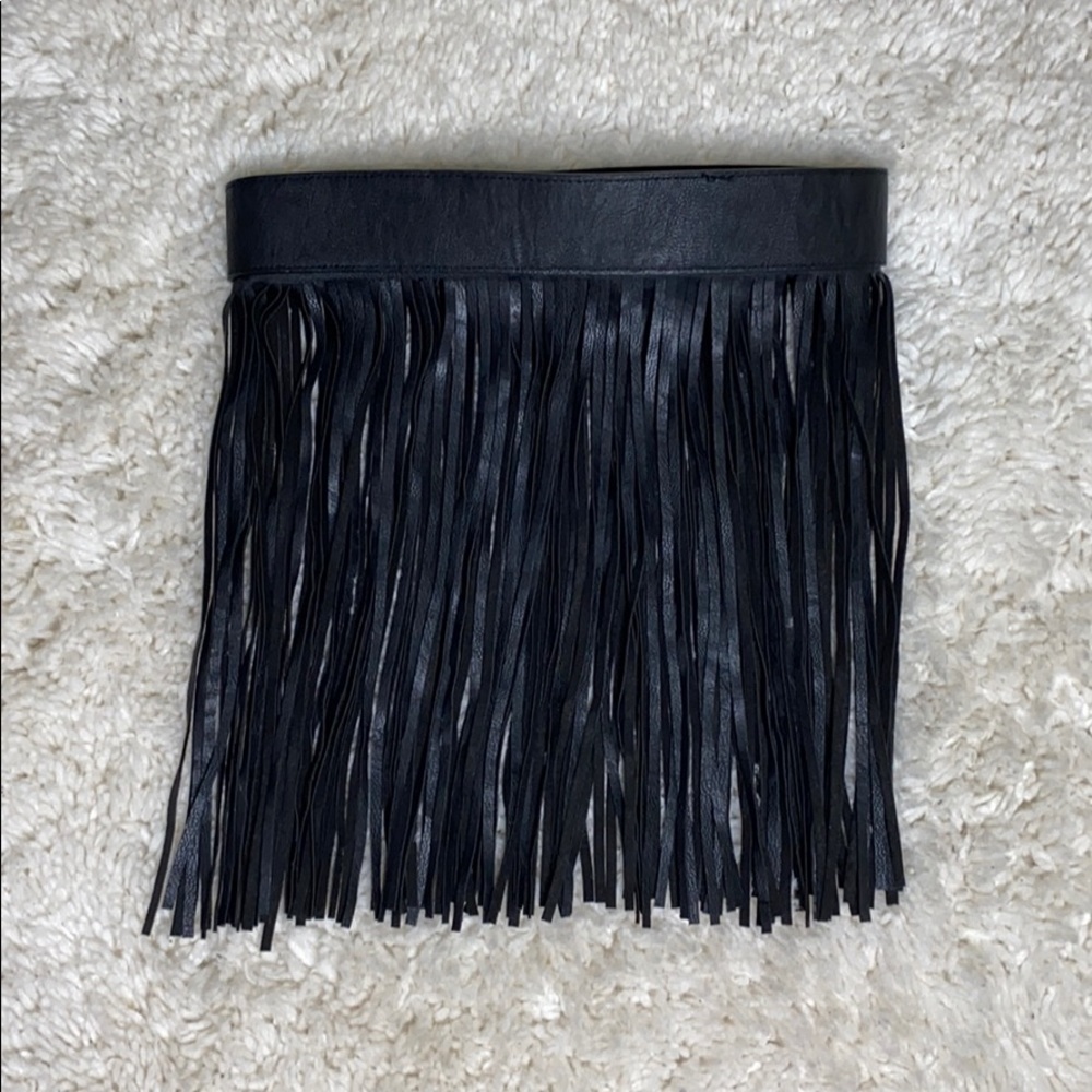 Black Leather Pleated Waist Band Skirt
